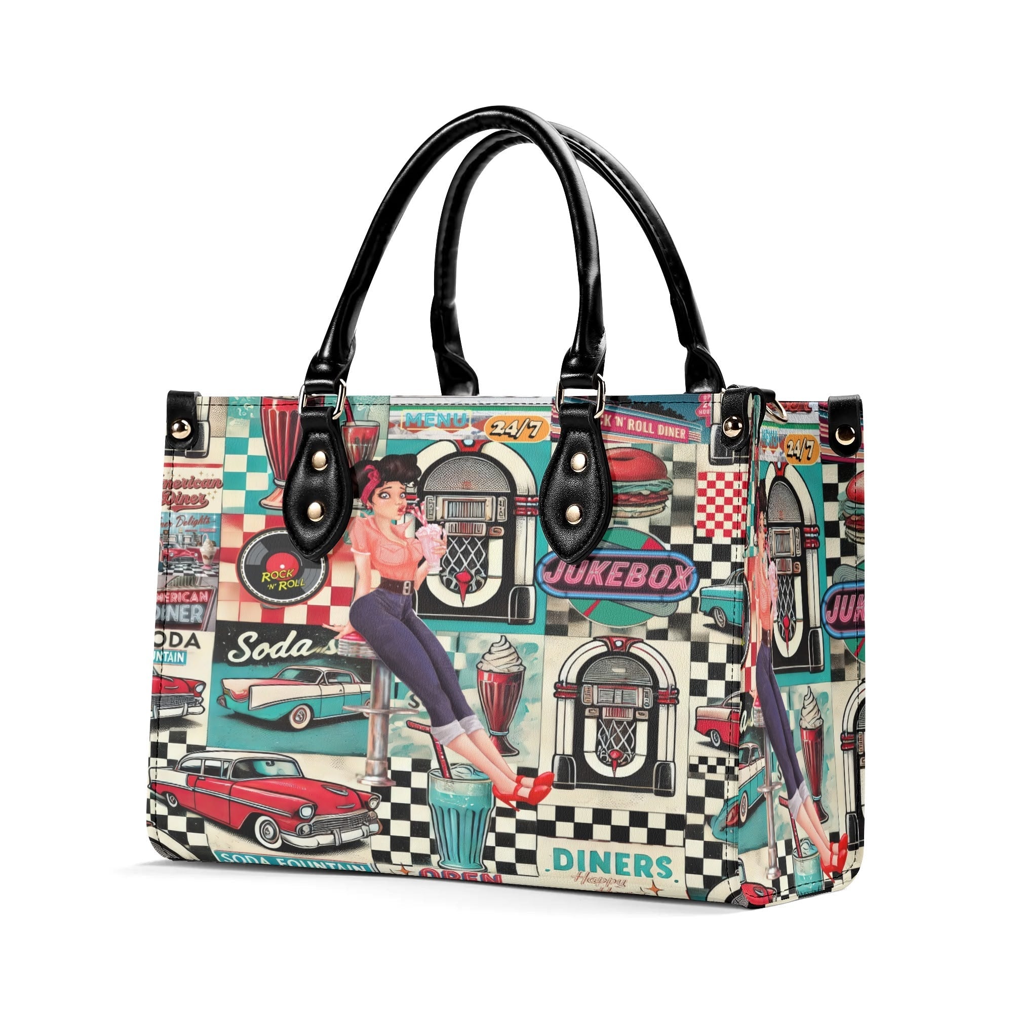 Kate McEnroe New York Retro 50s Diner Handbag, Mid Century Modern Rockabilly Purse, Vintage Soda Fountain Jukebox Bag, Pin - Up Rock and Roll Style SatchelHandbagsN4M6L2VW - 1