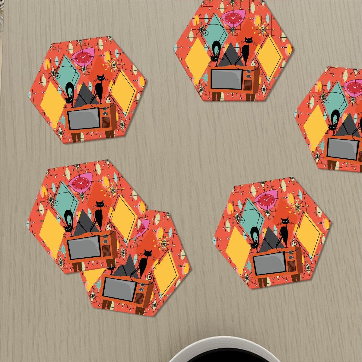 Kate McEnroe New York Retro 50s Kitsch Atomic Cat Hexagon Coasters, Mid Century Modern Starburst Ceramic Drinkware SetCoastersMmV7MDwp8a