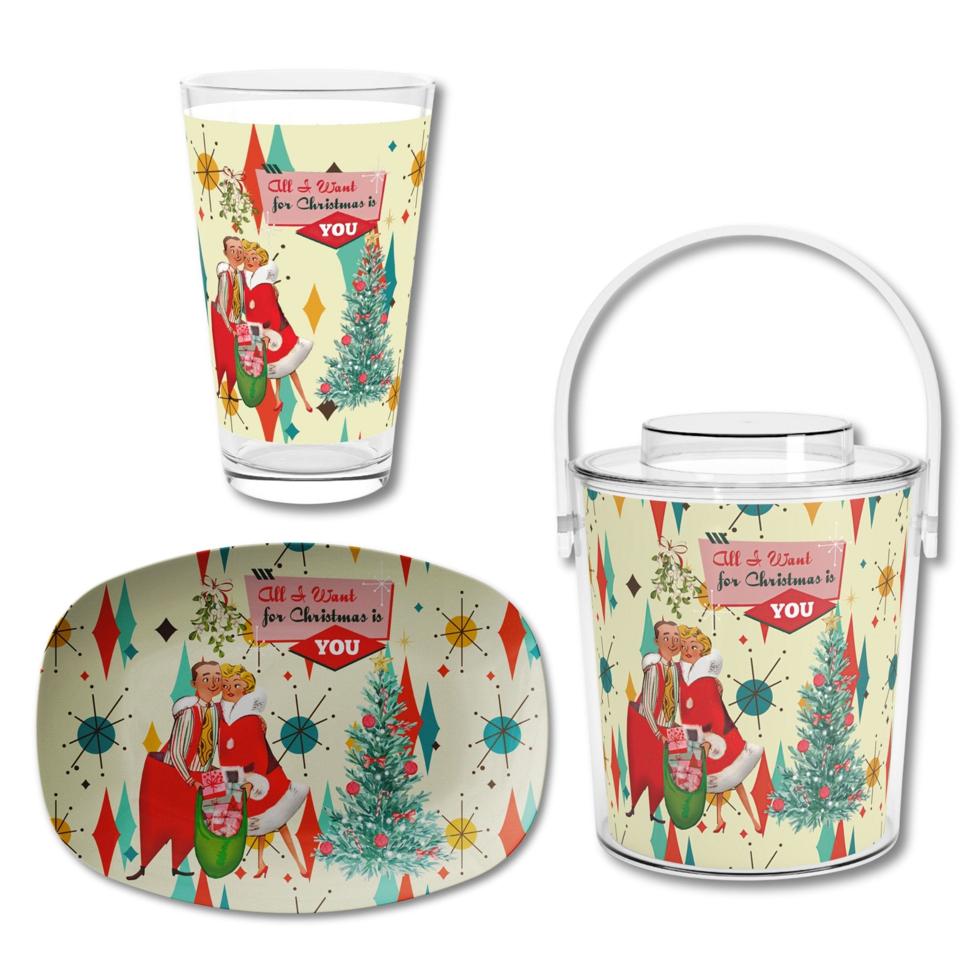 Kate McEnroe New York Retro 50s Kitsch Christmas All I Want for Christmas Bundle, Franciscan Starburst Ice Bucket, Platter, and Pint Glass SetBarware BundleMODMERRY2