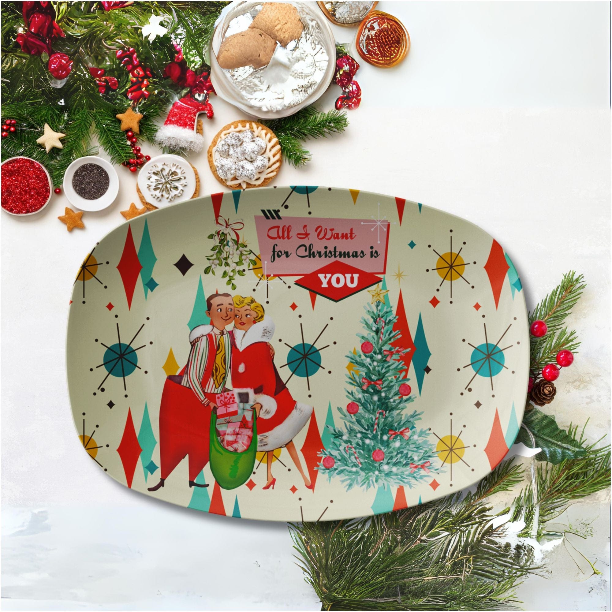 Kate McEnroe New York Retro 50s Kitsch Christmas All I Want for Christmas Bundle, Franciscan Starburst Ice Bucket, Platter, and Pint Glass SetBarware BundleMODMERRY2