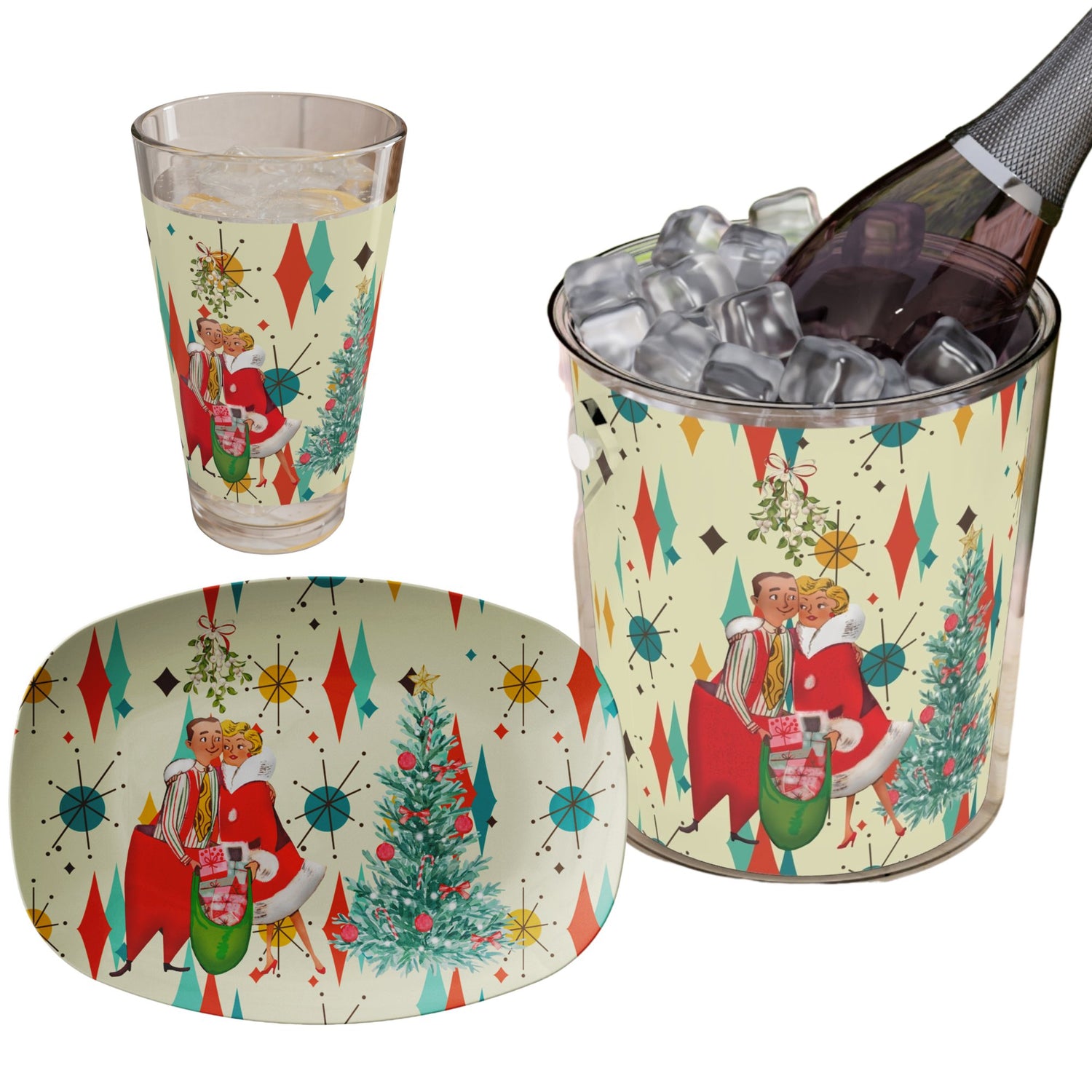 Kate McEnroe New York Retro 50s Kitsch Christmas Card Art Holiday Bundle, Franciscan Diamond Starburst Ice Bucket, Platter, and Pint Glass SetBarware Bundle