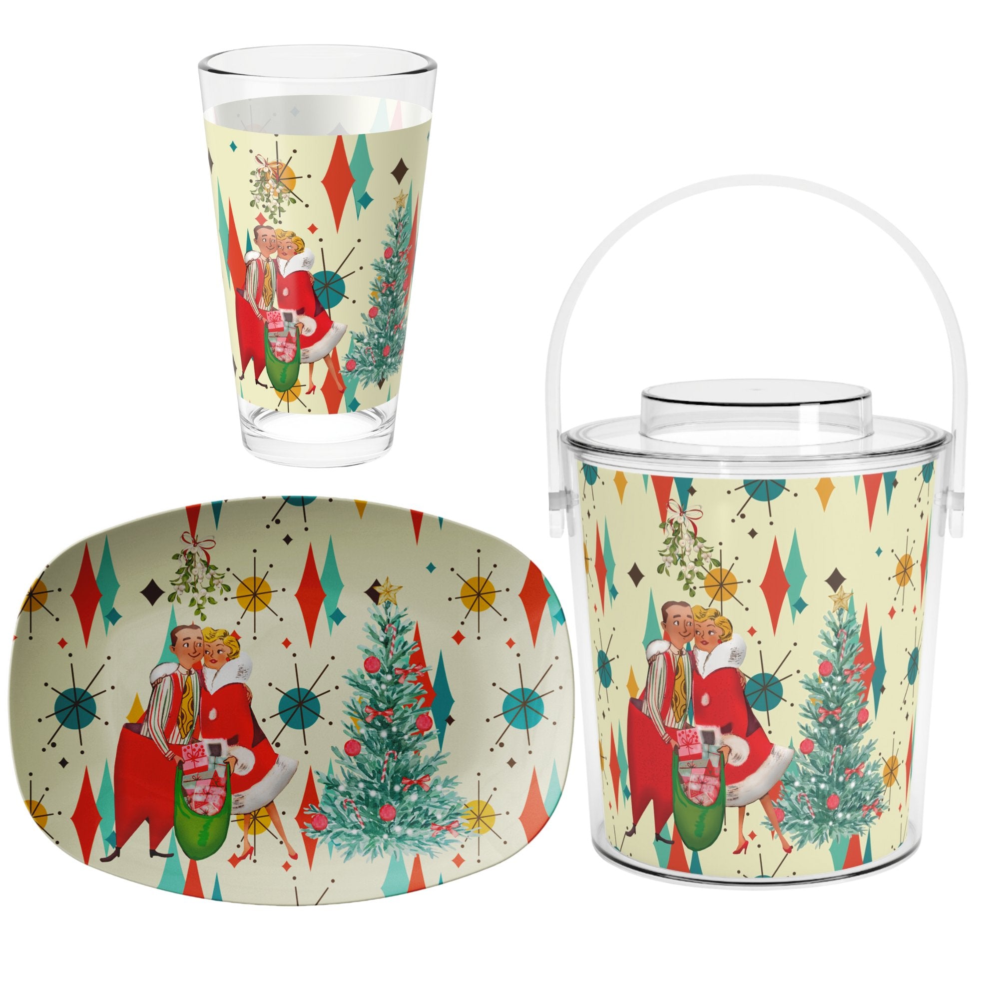 Kate McEnroe New York Retro 50s Kitsch Christmas Card Art Holiday Bundle, Franciscan Diamond Starburst Ice Bucket, Platter, and Pint Glass SetBarware Bundle