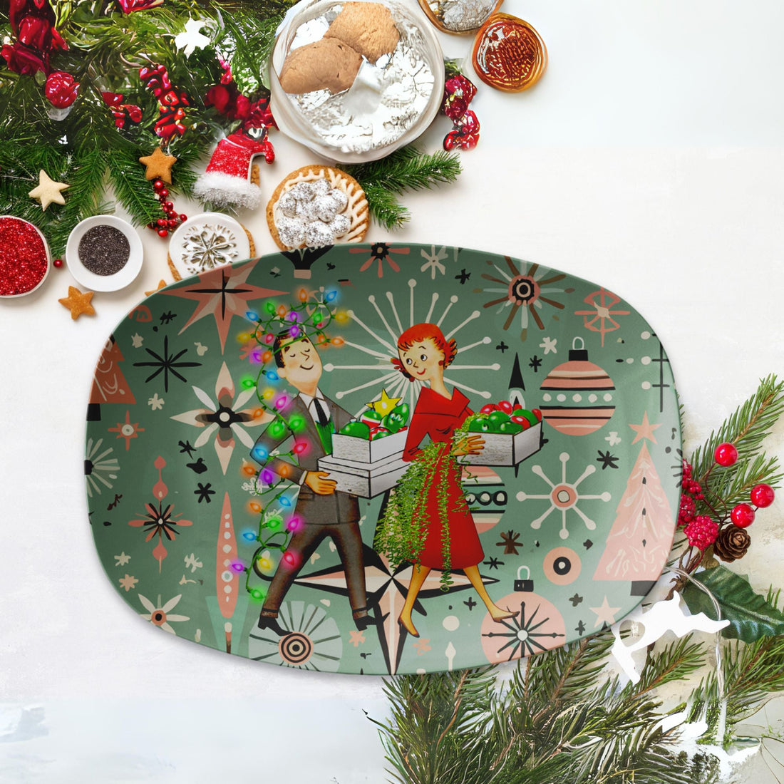 Kate McEnroe New York Retro 50s Kitsch Christmas Platter, Mid Century Modern Serveware, Atomic Starburst Holiday PlateServing PlattersP23 - AIV - CPL - 79