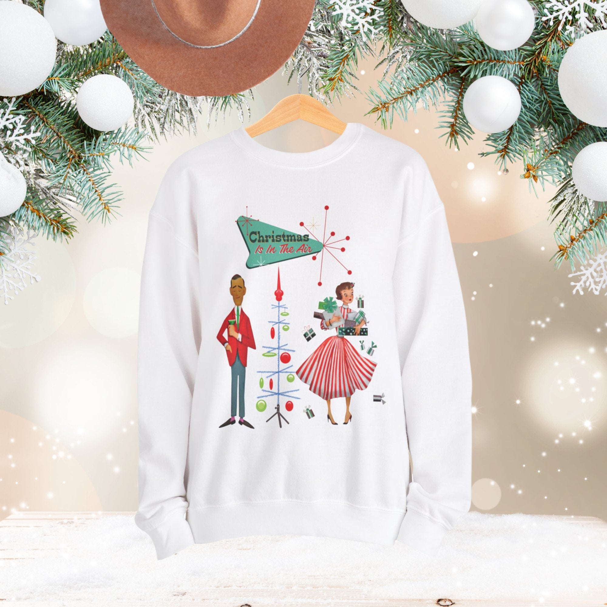 Kate McEnroe New York Retro 50s Kitsch Christmas Sweatshirt, Vintage Holiday Style, Mid Century Modern Atomic Unisex Heavy Blend™ Crewneck SweatshirtSweatshirt46992412504589932991