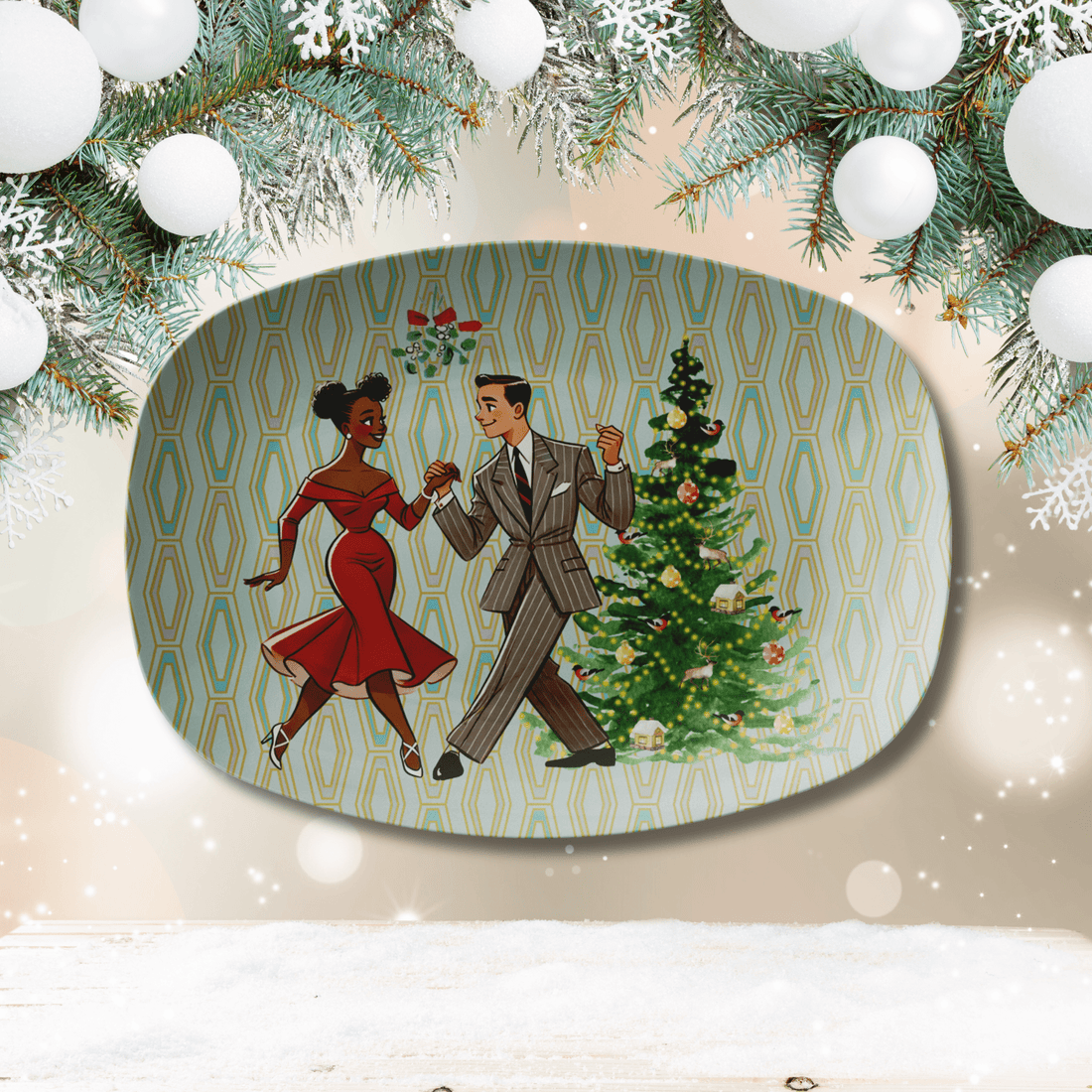 Kate McEnroe New York Retro 50s Kitsch Dancing Mixed Race Couple Christmas Party Platter, Mid Century Modern Holiday Tableware, Vintage Festive Winter TrayServing PlattersP23MXDRCE4