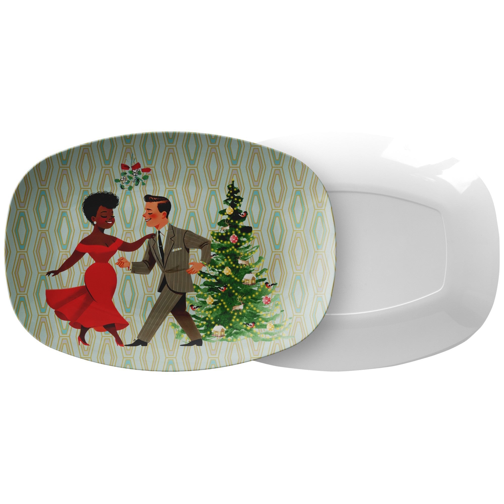 Kate McEnroe New York Retro 50s Kitsch Mixed Race Couple Christmas Party Platter, Mid Century Modern Holiday Tableware, Vintage Festive Winter Serving TrayServing PlattersP23 - MIX - RACE - 2