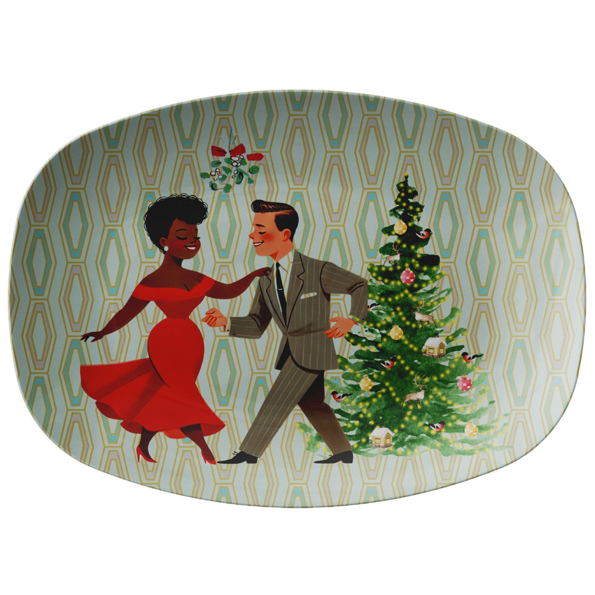 Kate McEnroe New York Retro 50s Kitsch Mixed Race Couple Christmas Party Platter, Mid Century Modern Holiday Tableware, Vintage Festive Winter Serving TrayServing PlattersP23 - MIX - RACE - 2