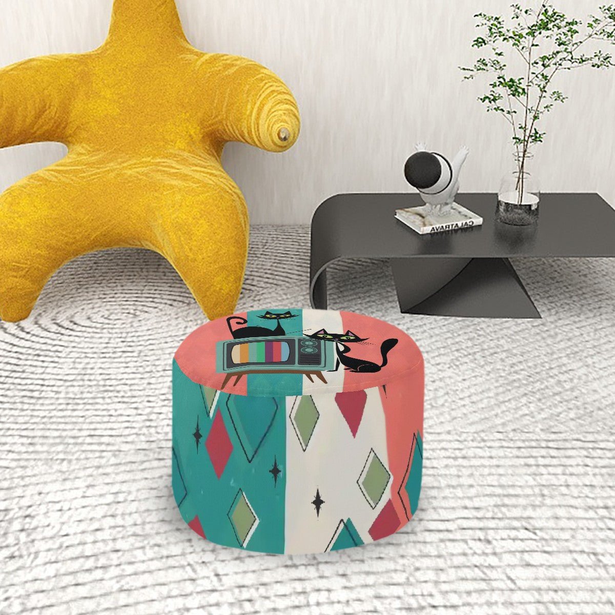 Kate McEnroe New York Retro 50s TV Abstract Atomic Cat Round Ottoman Mid Century Modern PoufOttomansjDOzHk6UV1