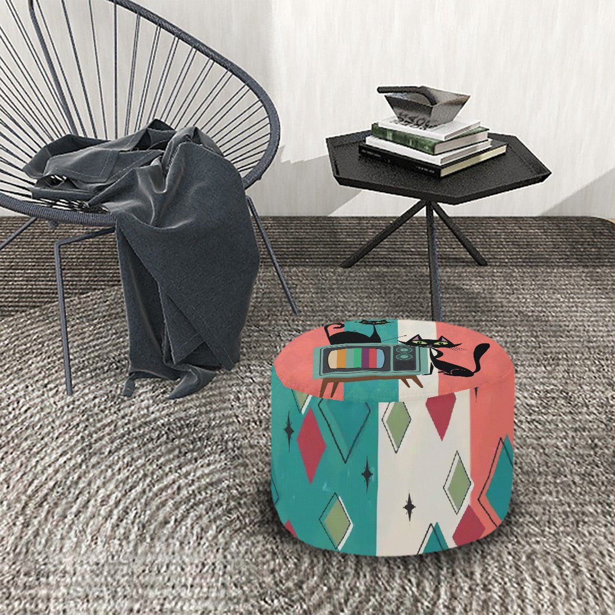 Kate McEnroe New York Retro 50s TV Abstract Atomic Cat Round Ottoman Mid Century Modern PoufOttomansjDOzHk6UV1