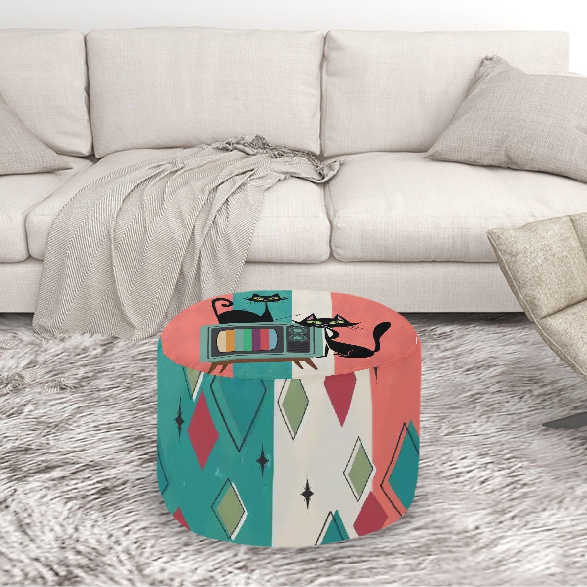 Kate McEnroe New York Retro 50s TV Abstract Atomic Cat Round Ottoman Mid Century Modern PoufOttomansjDOzHk6UV1