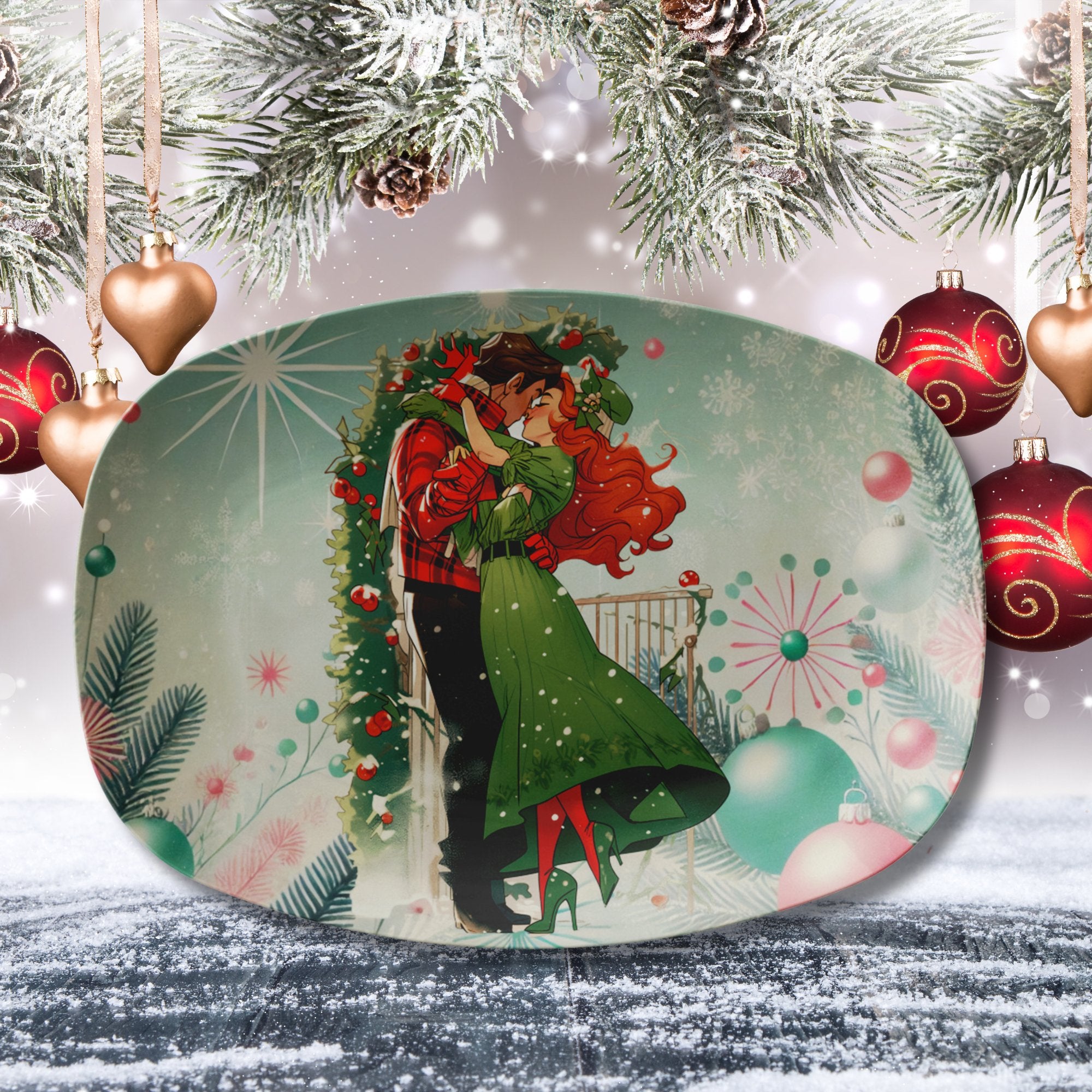 Kate McEnroe New York Retro 50s Whimsical Christmas Platter, Vintage Holiday Serving Tray, Mid Century Modern Festive TablewareServing PlattersP23 - WHY - CPL - 2