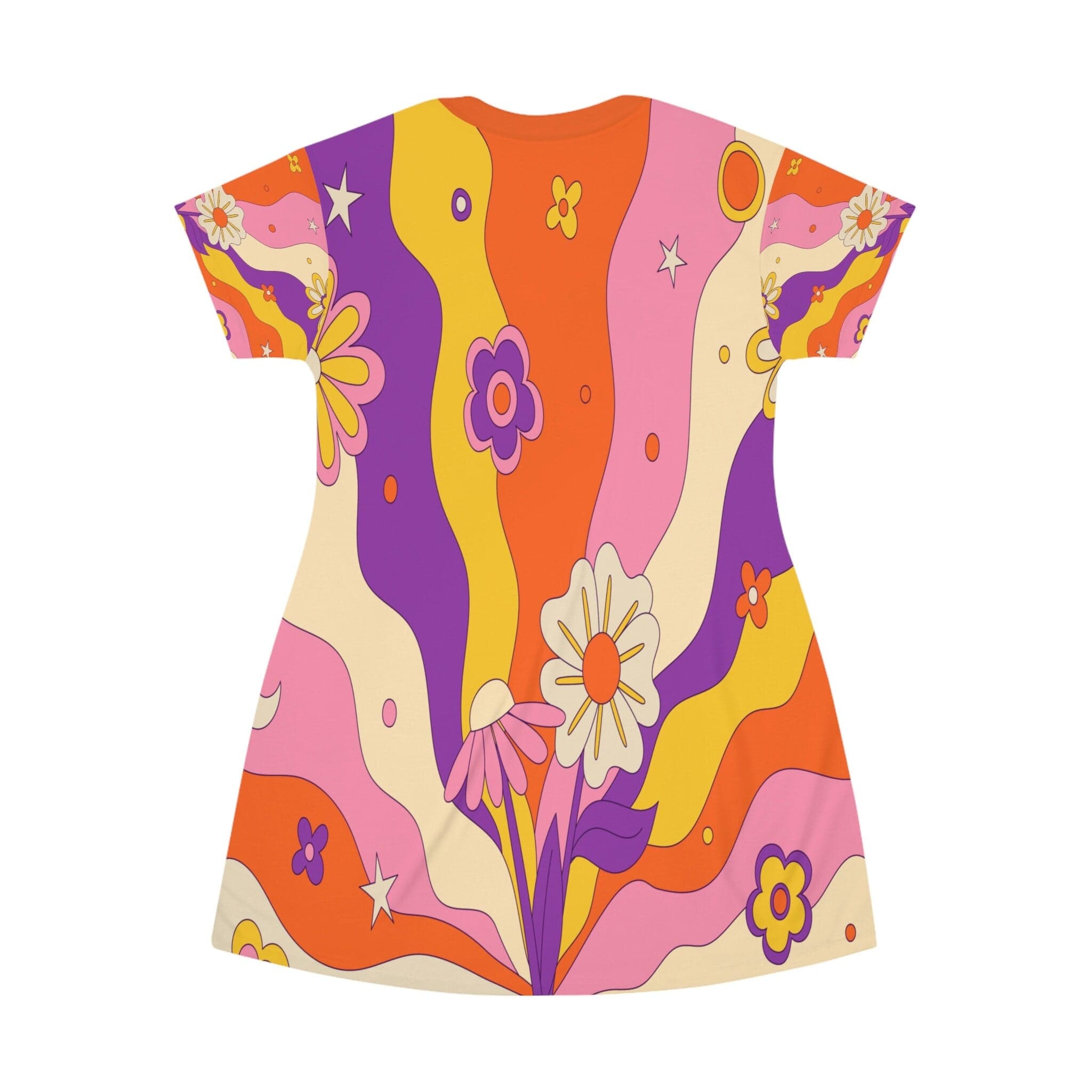Kate McEnroe New York Retro 60s, 70s Groovy Hippie Flower Power Boho Party Dress in Mid Century Modern Beige, Burnt Orange, Mustard Yellow, Purple, Pink T-Shirt Dress L 10322600403798641003