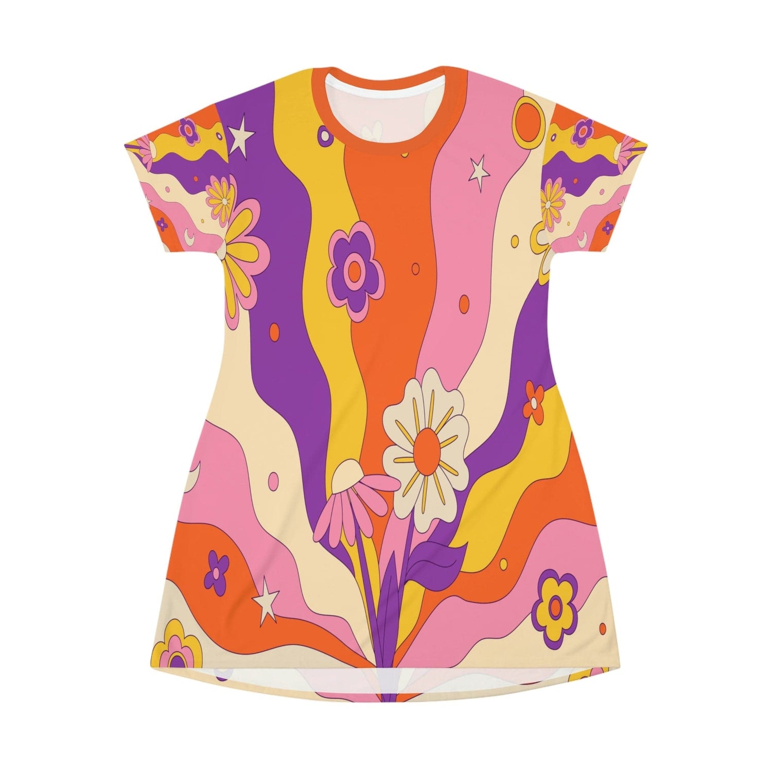 Kate McEnroe New York Retro 60s, 70s Groovy Hippie Flower Power Boho Party Dress in Mid Century Modern Beige, Burnt Orange, Mustard Yellow, Purple, Pink T-Shirt Dress M 24809219195907777729