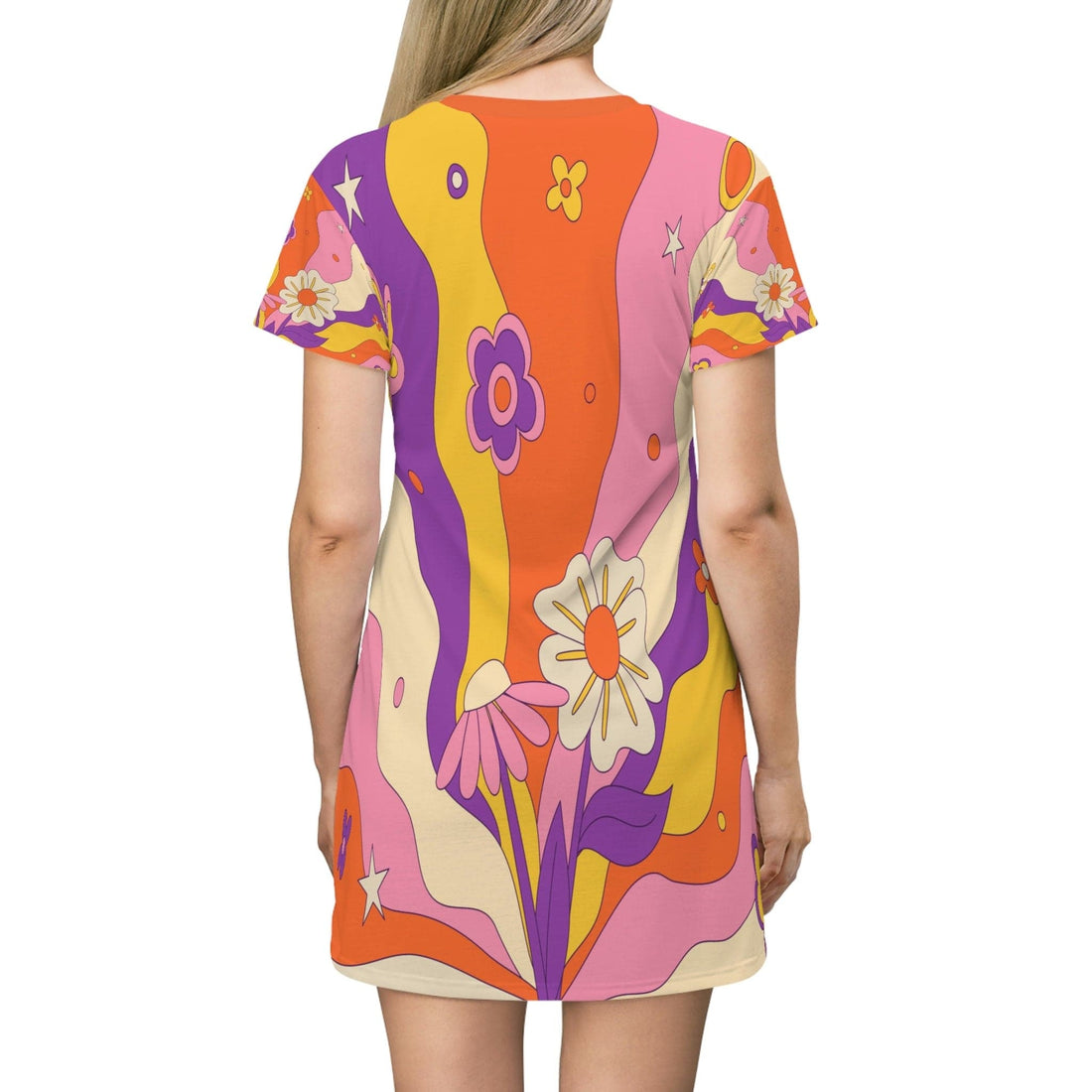Kate McEnroe New York Retro 60s, 70s Groovy Hippie Flower Power Boho Party Dress in Mid Century Modern Beige, Burnt Orange, Mustard Yellow, Purple, Pink T-Shirt Dress S 21474881676877458734
