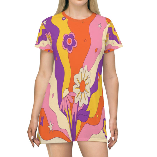 Kate McEnroe New York Retro 60s, 70s Groovy Hippie Flower Power Boho Party Dress in Mid Century Modern Beige, Burnt Orange, Mustard Yellow, Purple, Pink T-Shirt Dress XS 28874908967916715646
