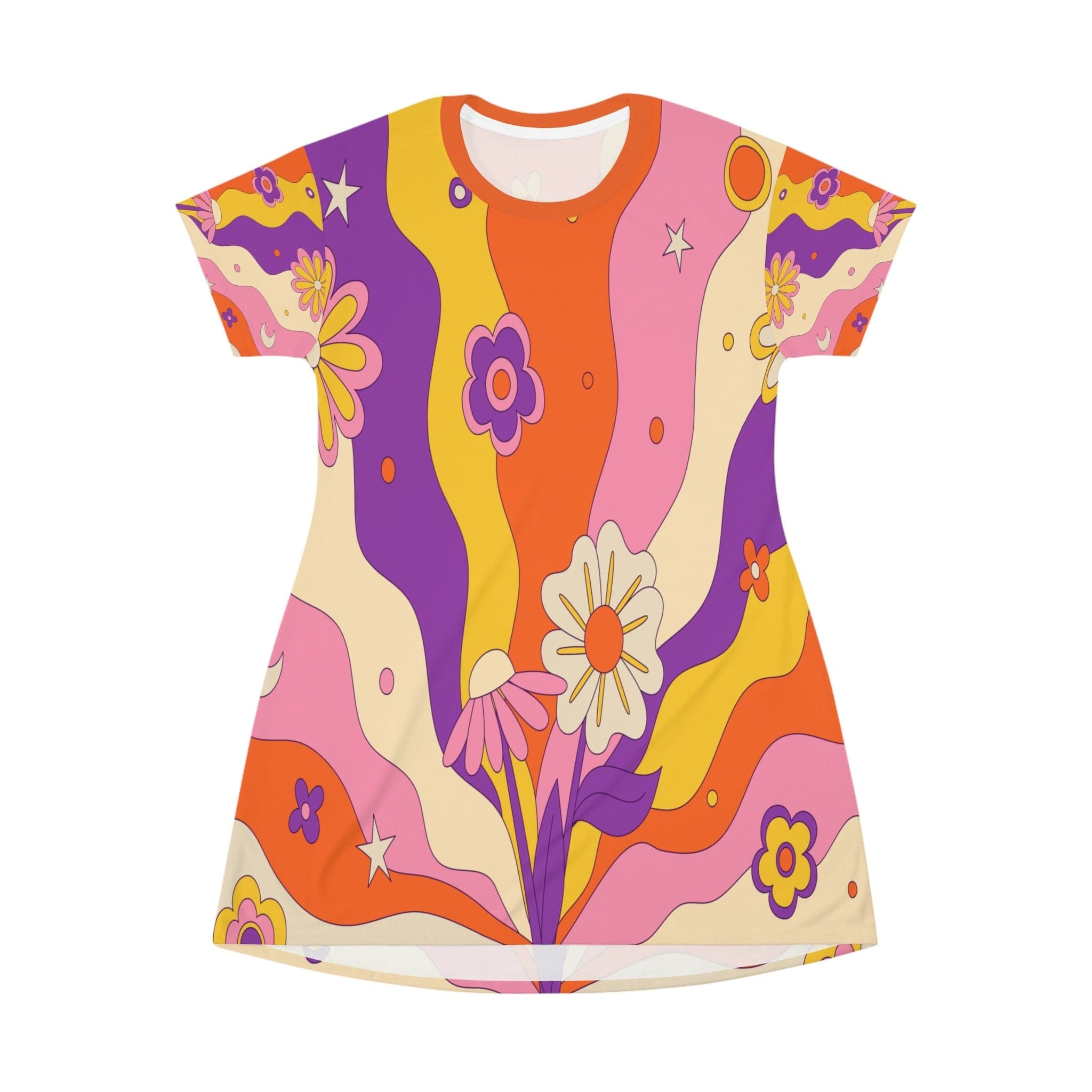 Kate McEnroe New York Retro 60s, 70s Groovy Hippie Flower Power Boho Party Dress in Mid Century Modern Beige, Burnt Orange, Mustard Yellow, Purple, PinkDresses24809219195907777729