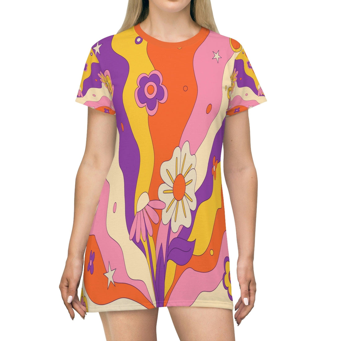 Kate McEnroe New York Retro 60s, 70s Groovy Hippie Flower Power Boho Party Dress in Mid Century Modern Beige, Burnt Orange, Mustard Yellow, Purple, PinkDresses28874908967916715646