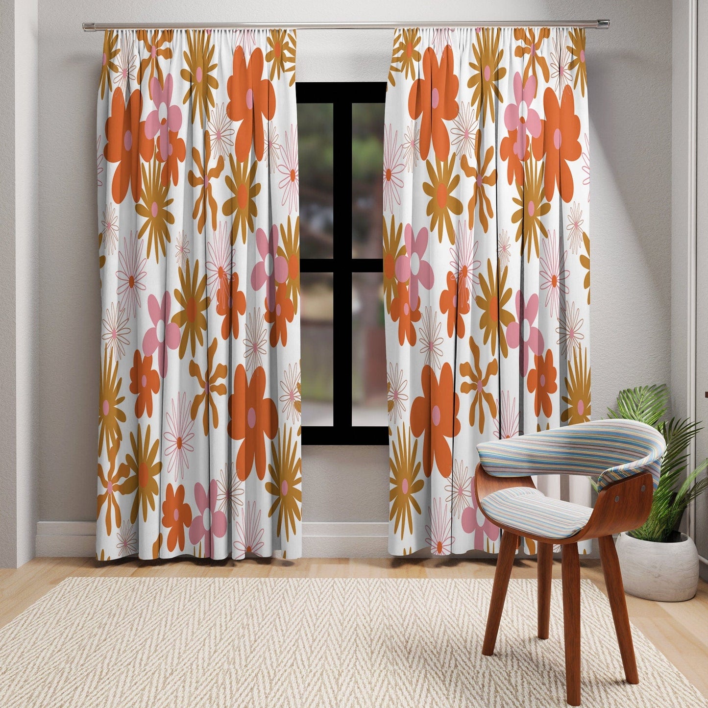 Retro 60s, 70s Hippie Floral Window Curtains