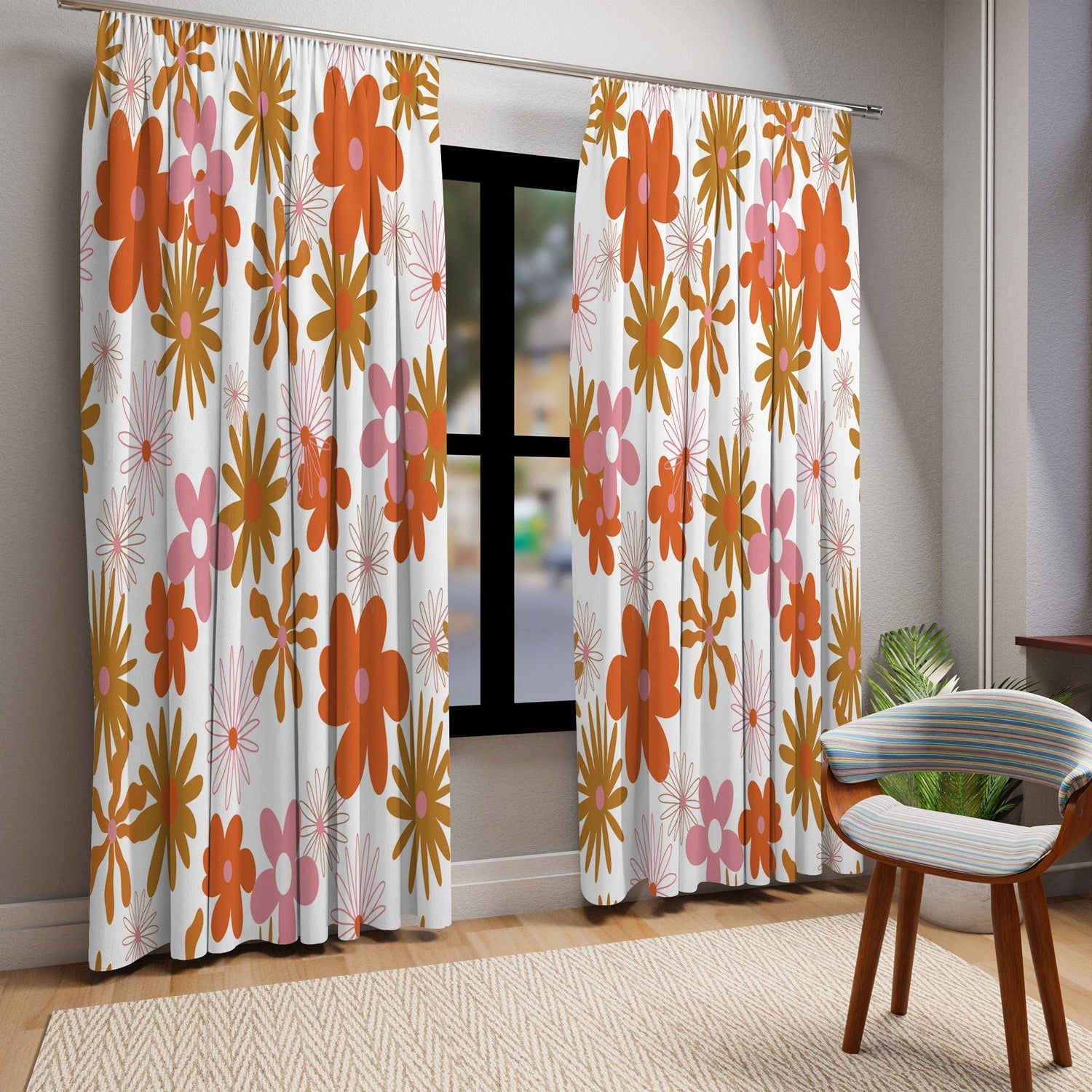 Kate McEnroe New York Retro 60s, 70s Hippie Floral Window CurtainsWindow CurtainsCurtainSheer - 50x84 - DoublePanel