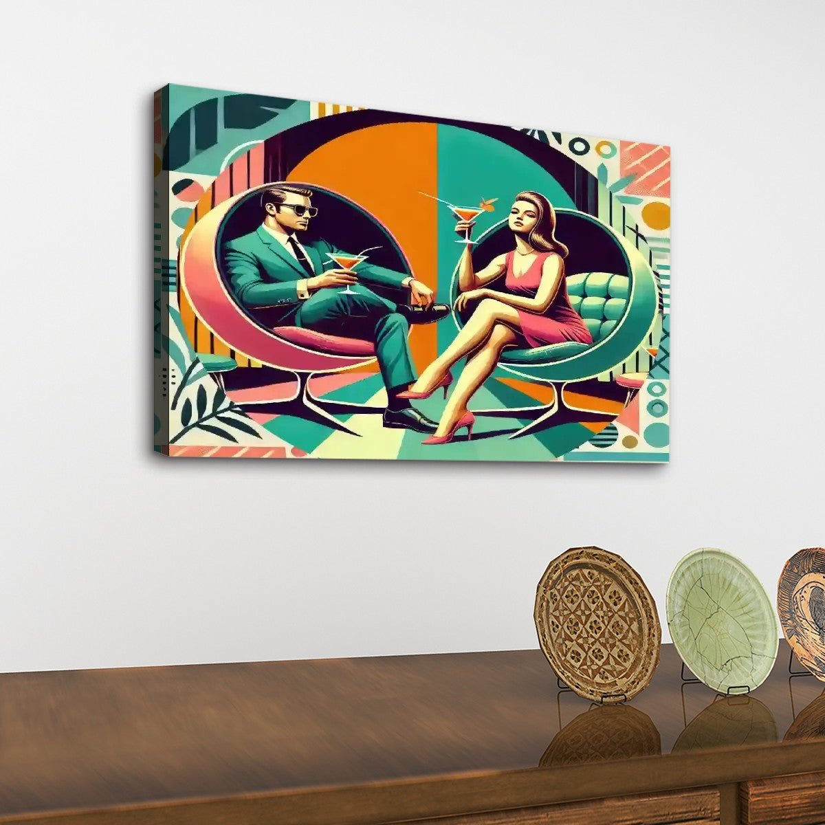 Retro 60s Cocktail Party Canvas Wall Art, Mid Century Modern
