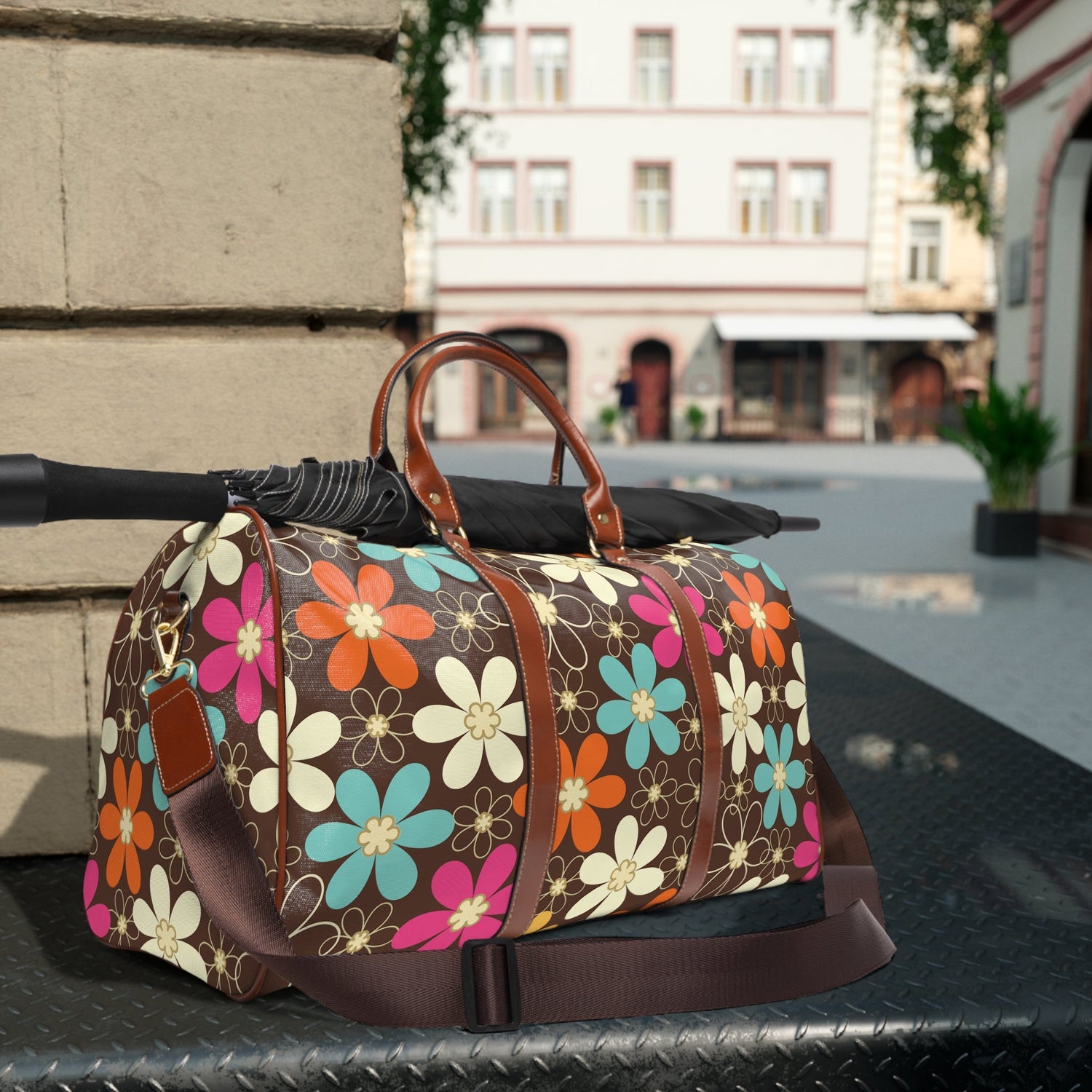 Kate McEnroe New York Retro 60s Floral Duffel Bag, Mid Century Modern Groovy Flower Power WeekenderDuffel Bags11088600371309506605