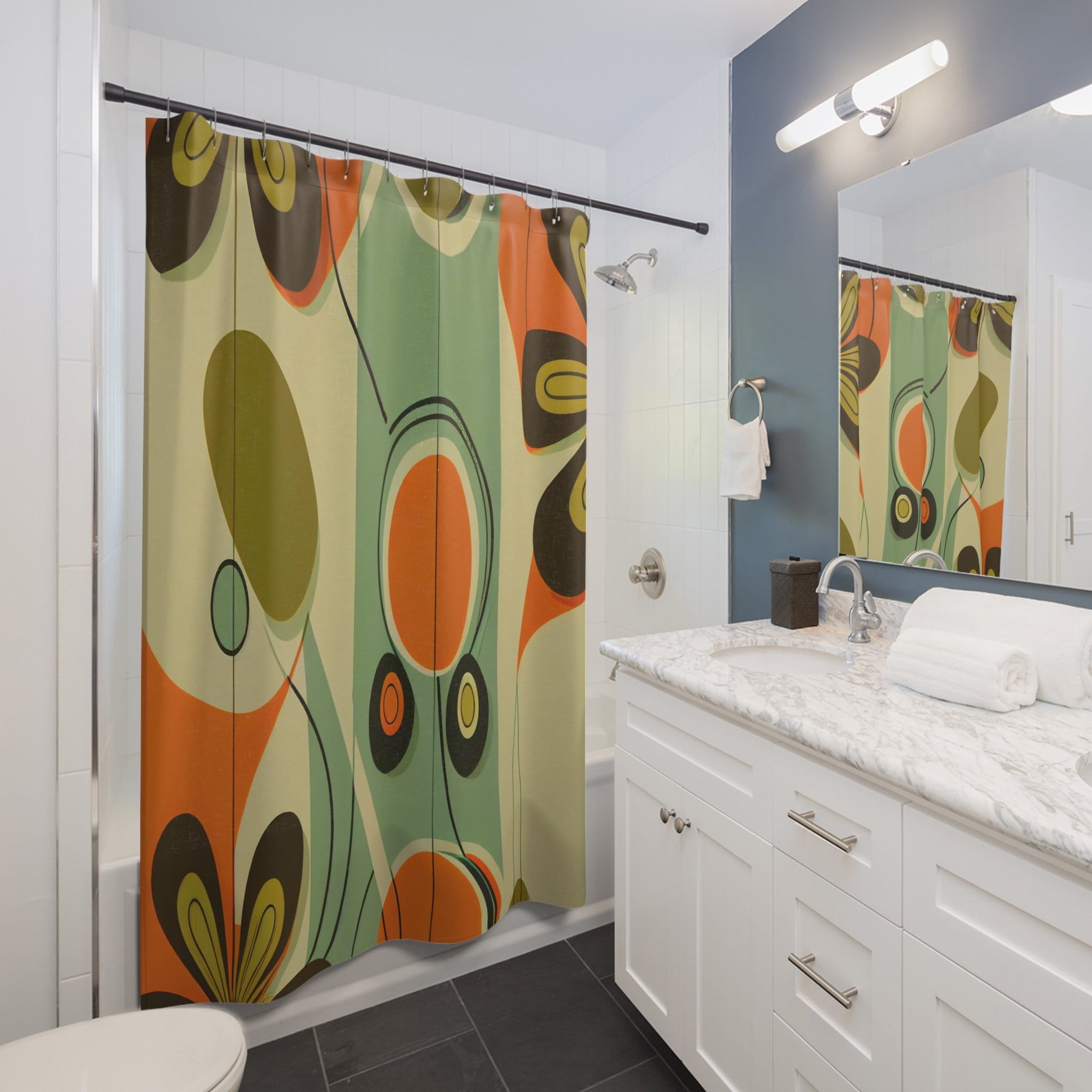 Kate McEnroe New York Retro 60s Mid Century Modern Daisy Shower Curtains, MCM Geometric Bathroom Decor - 128582023Shower CurtainsS40 - GNF - NSL - 7x7