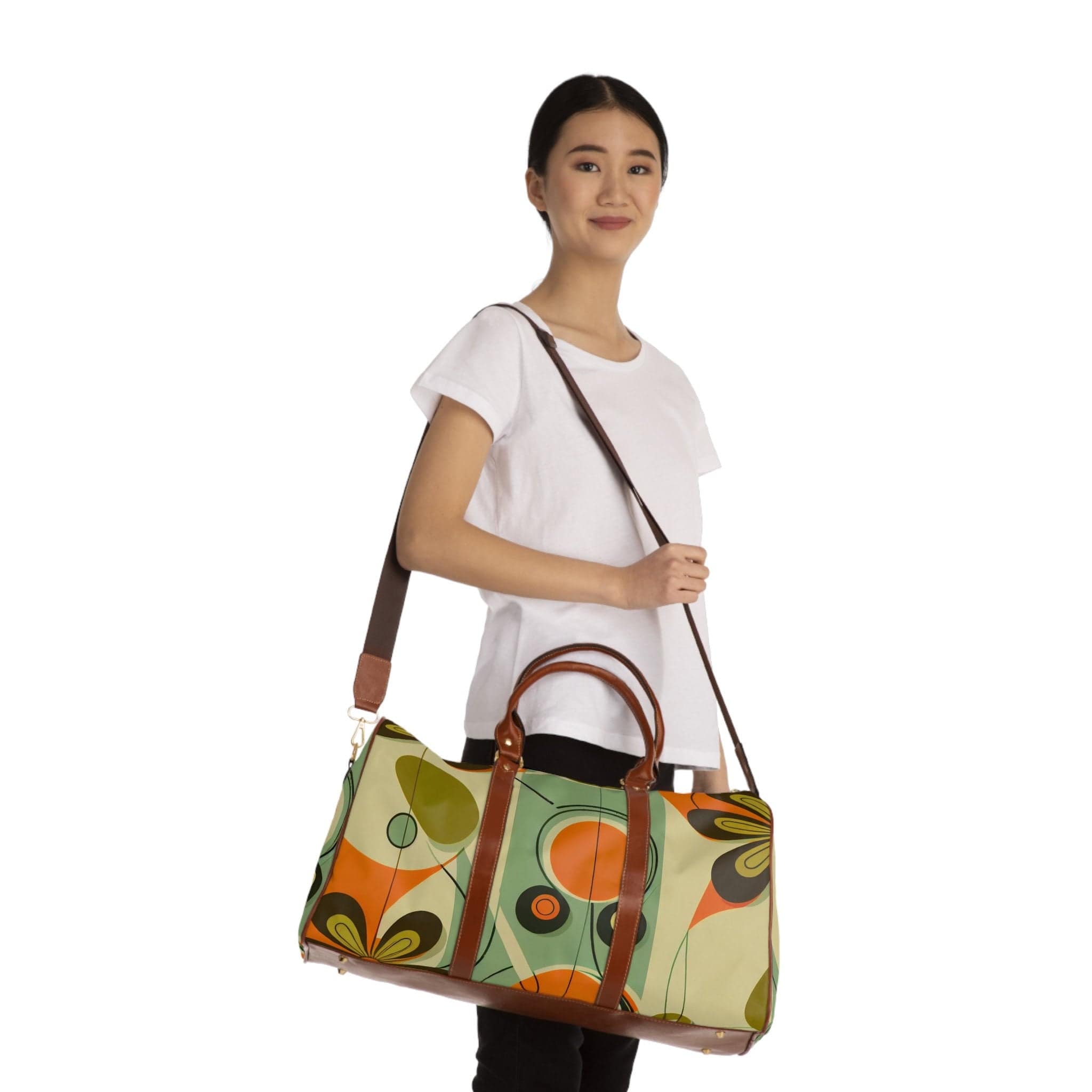 Kate McEnroe New York Retro 60s Mid Mod Daisy Travel Bag, MCM Geometric Duffel Bag, Leather, Fabric Carry on Bag, Weekender Bag - 123581223 Duffel Bags 48667519455570585360