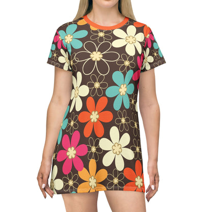 Kate McEnroe New York Retro 60s Mod Daisy T-Shirt Dress, Mid Century Modern Floral Mod Mini DressDresses13275112744930154445