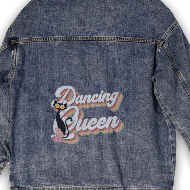 Kate McEnroe New York Retro 70s Atomic Cat Dancing Queen Oversized Denim Jacket, Vintage - Inspired Stylish Jean Wear for WomenJacketsApparel - DTG - DenimJacket - S - Women - CB - 20231020103712884