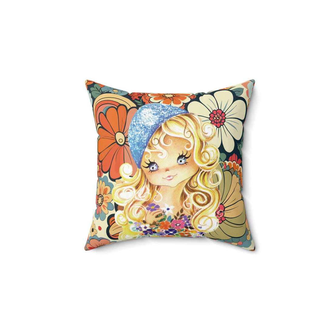 Kate McEnroe New York Retro 70s Big Eyed Girl Floral Throw Pillow, Vintage Flower Power Boho Home Decor, Funky Mid Century CushionThrow Pillows13123929416036082285