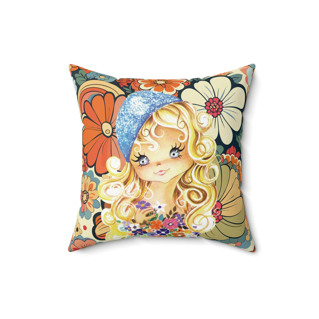 Kate McEnroe New York Retro 70s Big Eyed Girl Floral Throw Pillow, Vintage Flower Power Boho Home Decor, Funky Mid Century CushionThrow Pillows30819878726409127420