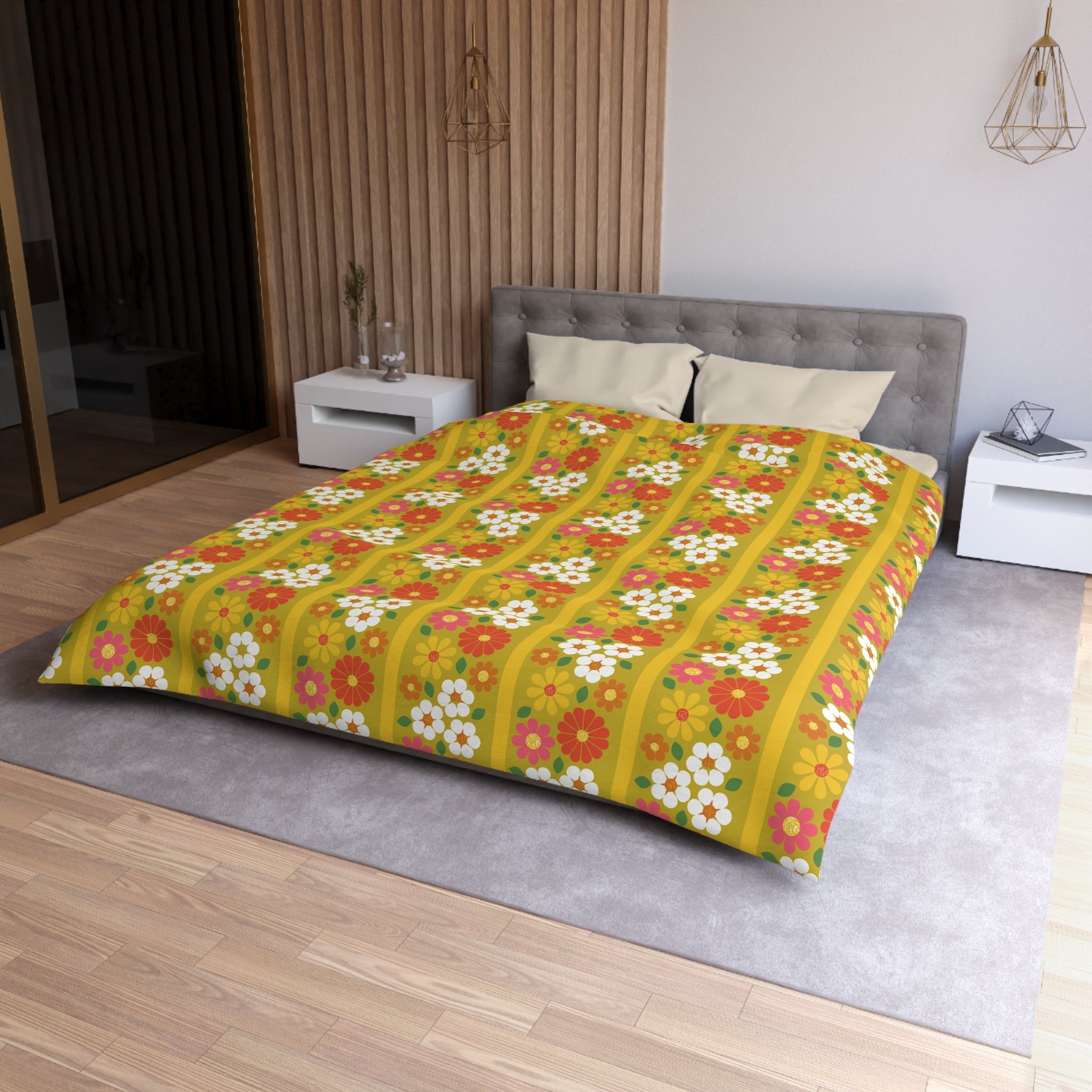 Kate McEnroe New York Retro 70s Floral Duvet Cover, Mid Century Modern Groovy Flower Bedding, Vintage Mod Boho DecorDuvet Covers15605424482903253817