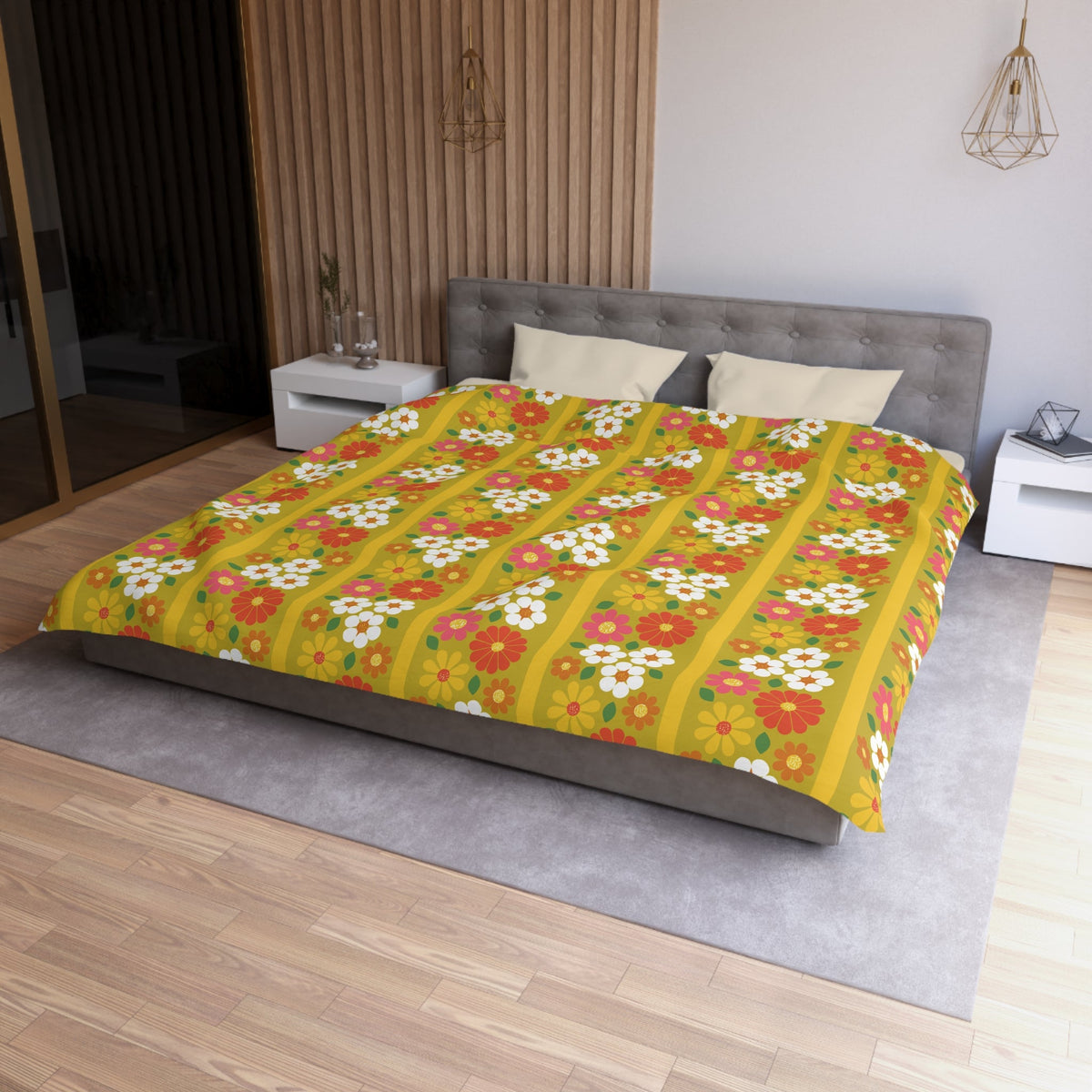 Kate McEnroe New York Retro 70s Floral Duvet Cover, Mid Century Modern Groovy Flower Bedding, Vintage Mod Boho DecorDuvet Covers16390726883442722487