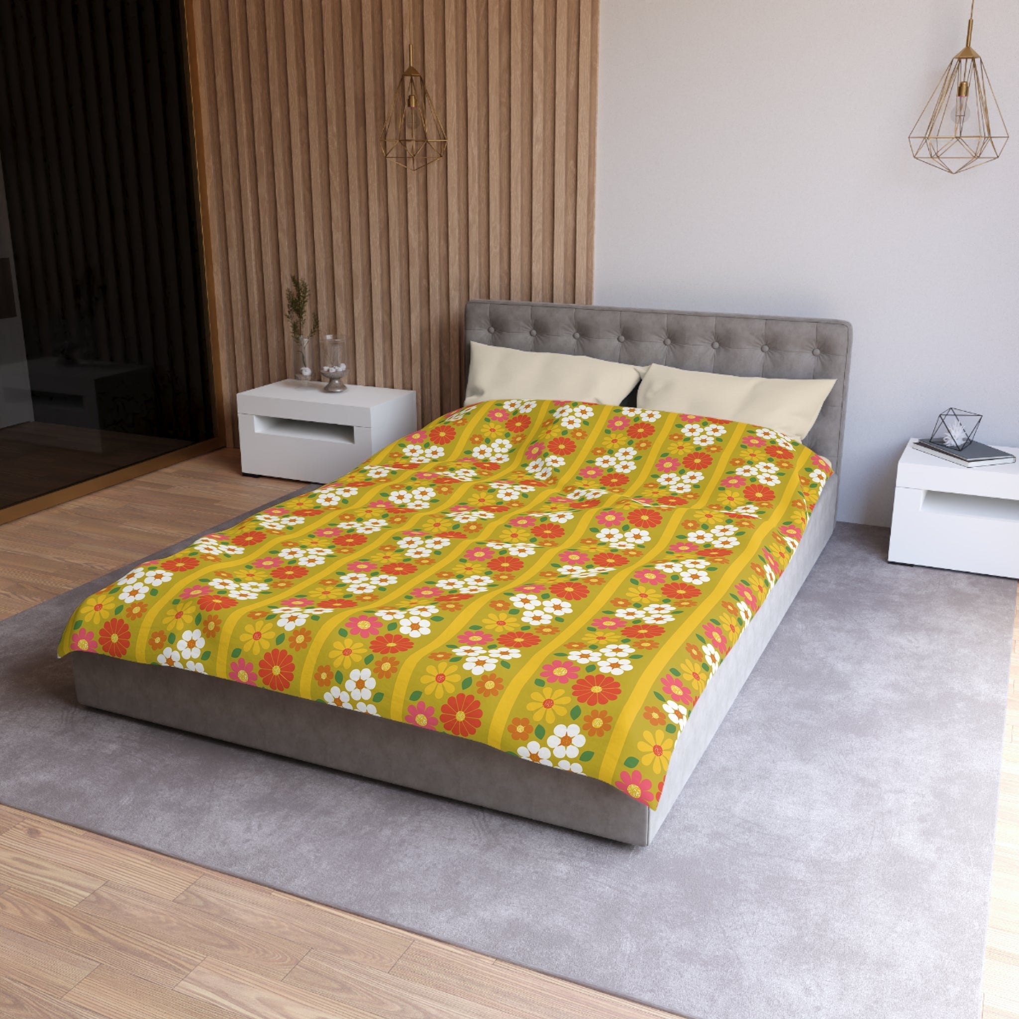 Kate McEnroe New York Retro 70s Floral Duvet Cover, Mid Century Modern Groovy Flower Bedding, Vintage Mod Boho DecorDuvet Covers16587796377208631195