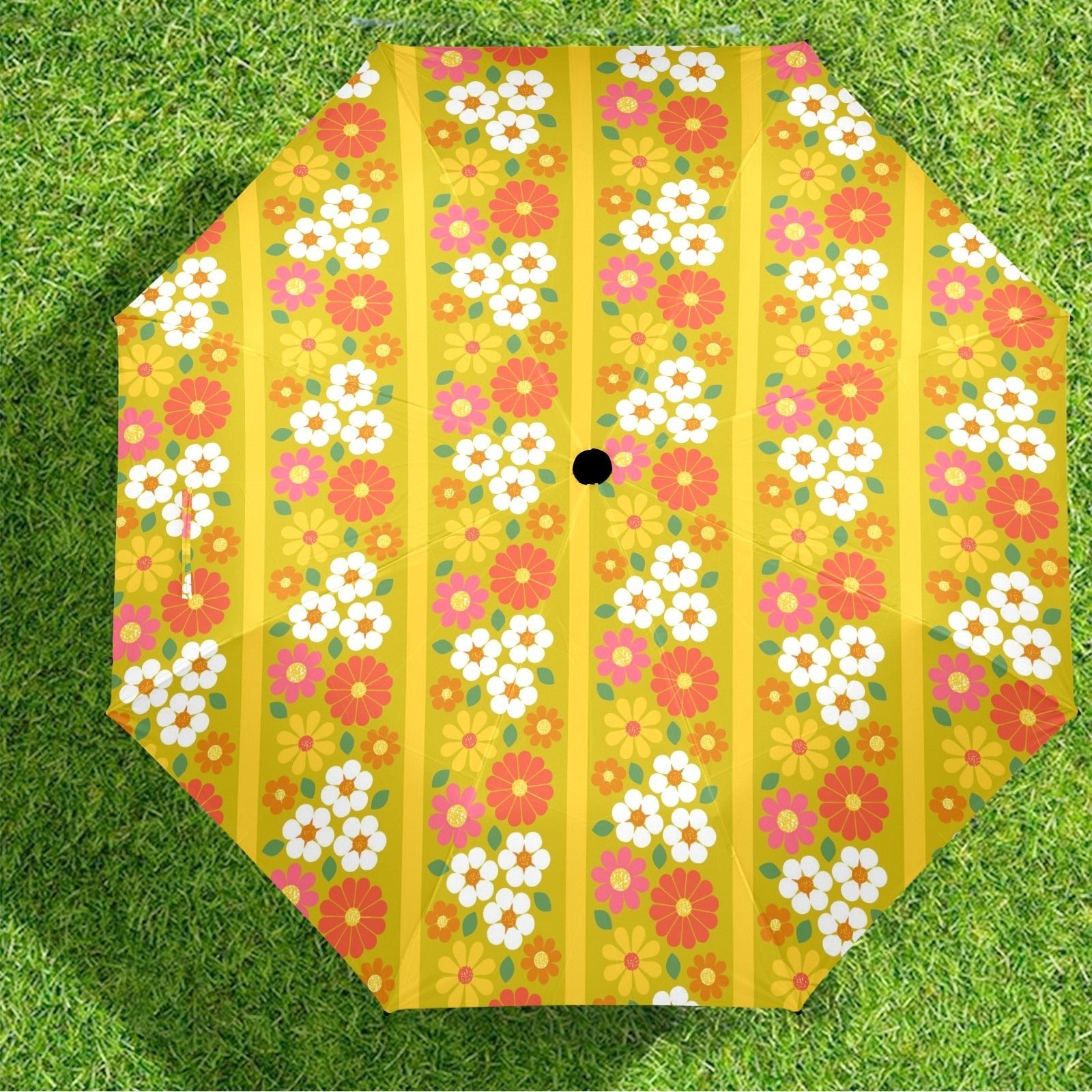 Kate McEnroe New York Retro 70s Floral Foldable Umbrella, Mid Century Modern Daisy Travel ParasolUmbrellasD3125339