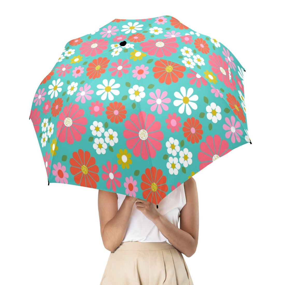 Kate McEnroe New York Retro 70s Floral Foldable Umbrella, Mid Century Modern Daisy Travel ParasolUmbrellasD3125339