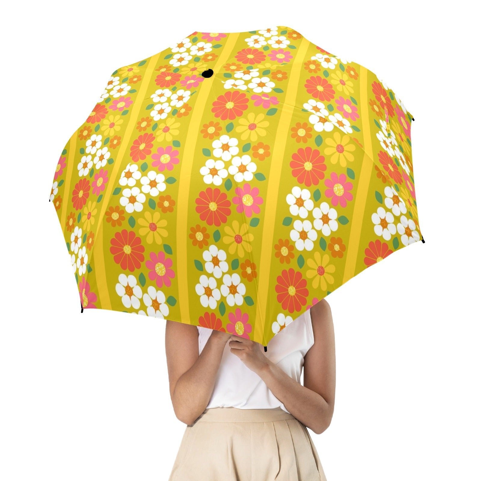 Kate McEnroe New York Retro 70s Floral Foldable Umbrella, Mid Century Modern Daisy Travel ParasolUmbrellasD3125339