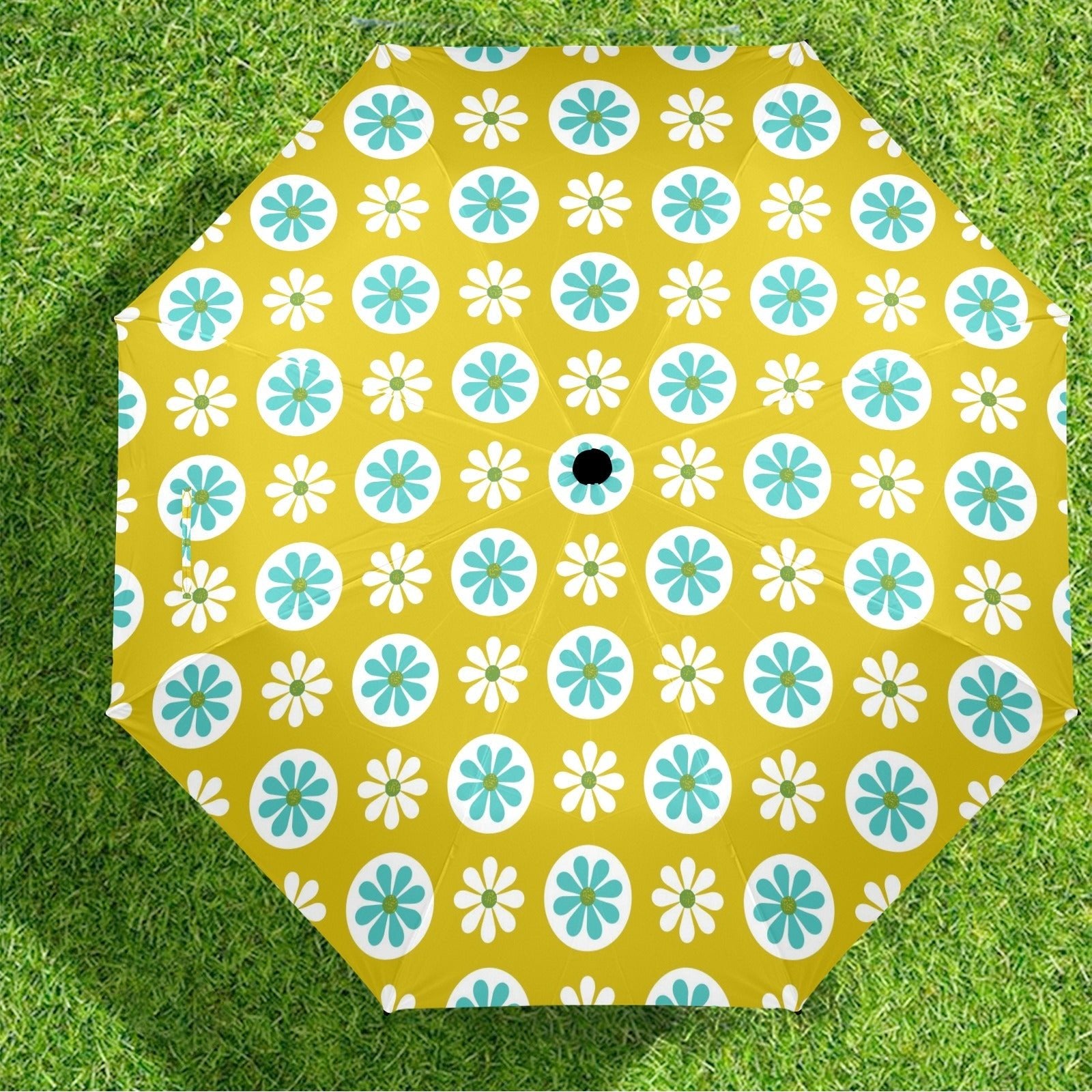 Kate McEnroe New York Retro 70s Floral Foldable Umbrella, Mid Century Modern Daisy Travel ParasolUmbrellasD3125339