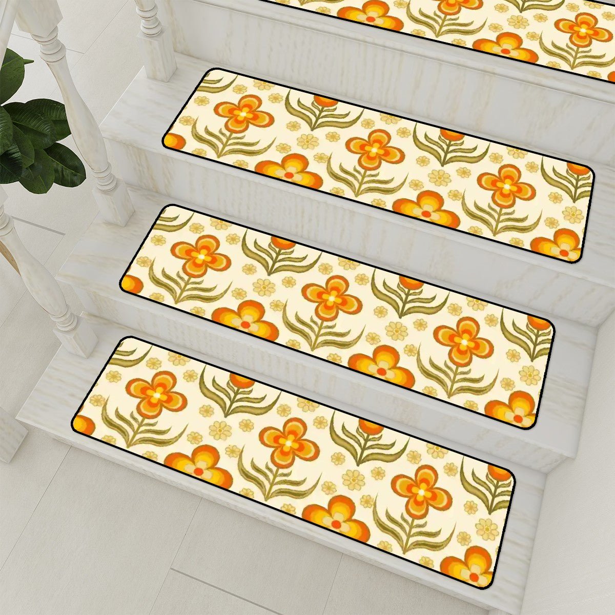 Kate McEnroe New York Retro 70s Floral Stair Treads, Mid Century Modern Orange Green Stair RugsStair TreadsuOgtASluFB