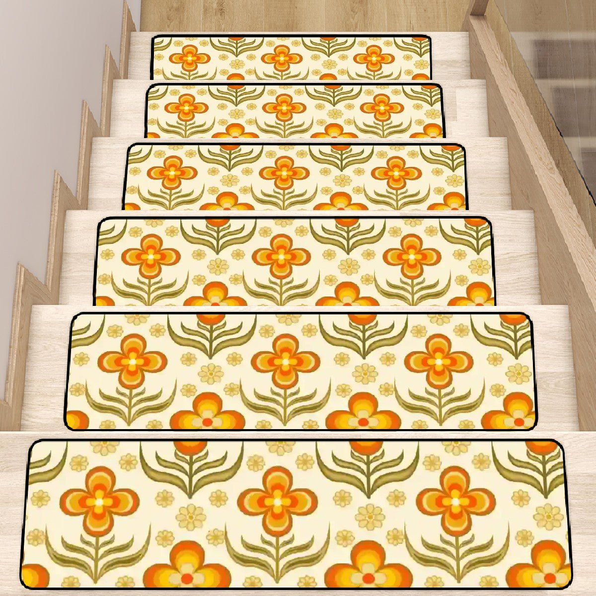 Kate McEnroe New York Retro 70s Floral Stair Treads, Mid Century Modern Orange Green Stair RugsStair TreadsuOgtASluFB