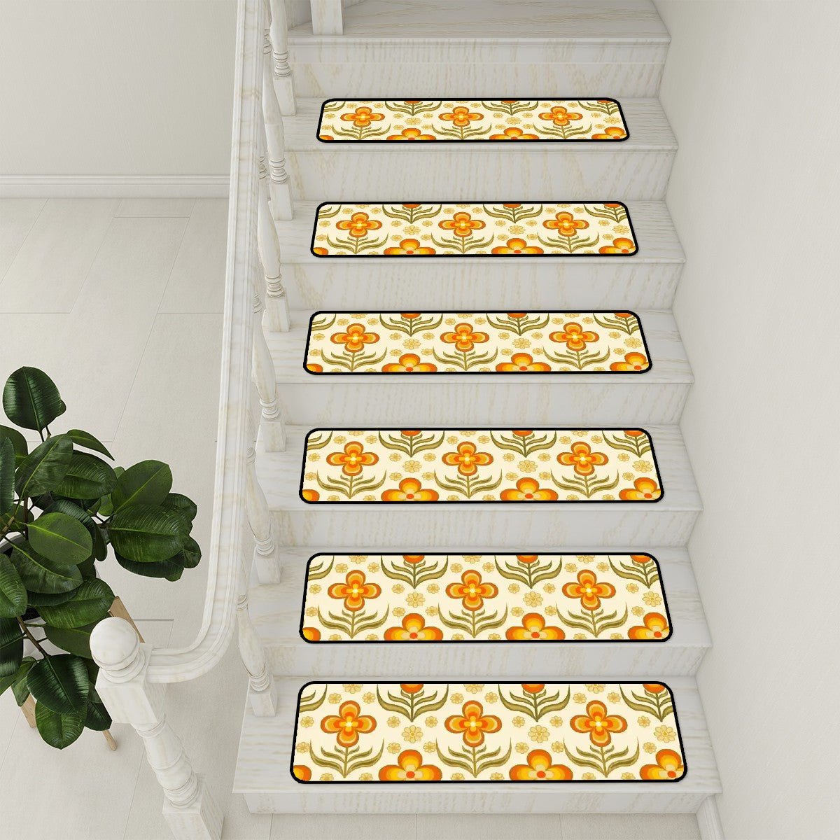 Kate McEnroe New York Retro 70s Floral Stair Treads, Mid Century Modern Orange Green Stair RugsStair TreadsuOgtASluFB