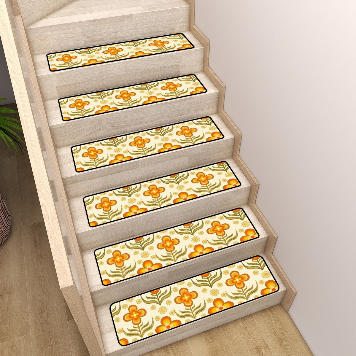 Kate McEnroe New York Retro 70s Floral Stair Treads, Mid Century Modern Orange Green Stair RugsStair TreadsuOgtASluFB