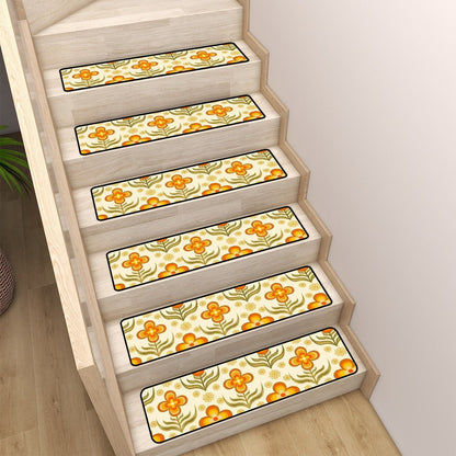 Kate McEnroe New York Retro 70s Floral Stair Treads, Mid Century Modern Orange Green Stair RugsStair TreadsuOgtASluFB