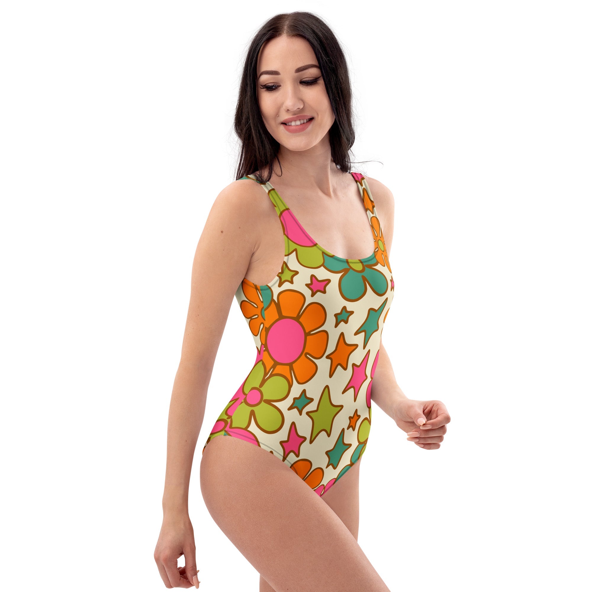 Kate McEnroe New York Retro 70s Floral Swimsuit, Mod Groovy One Piece Bathing Suit, Vintage Summer SwimwearSwimsuits6956540_9014
