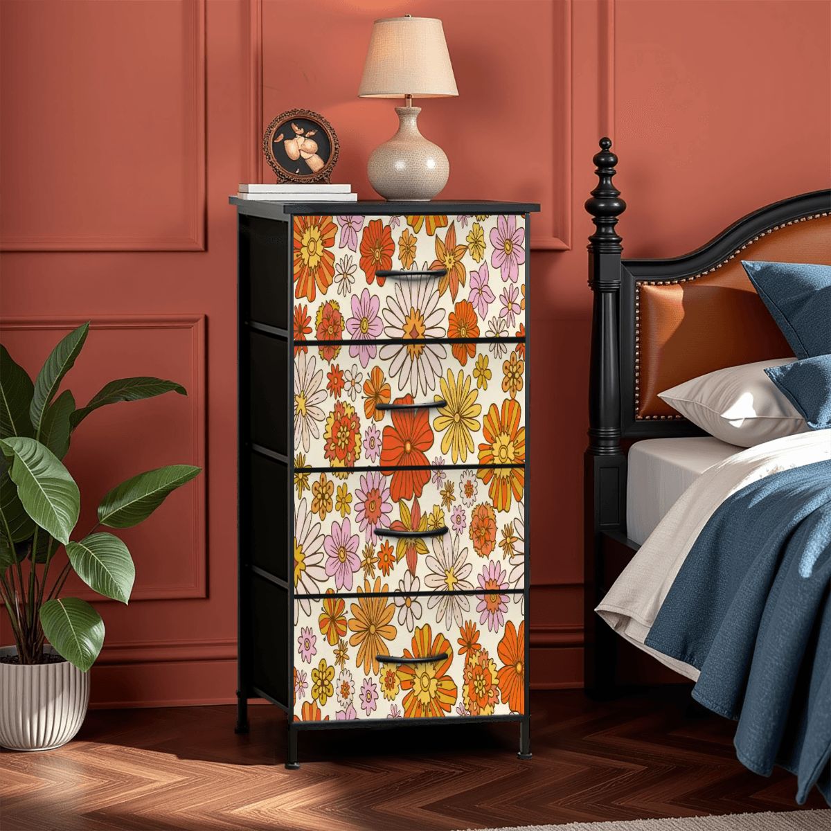 Kate McEnroe New York Retro 70s Flower Power Orange Yellow Floral 4 Drawer DresserDressersPJR5ZCcHUT