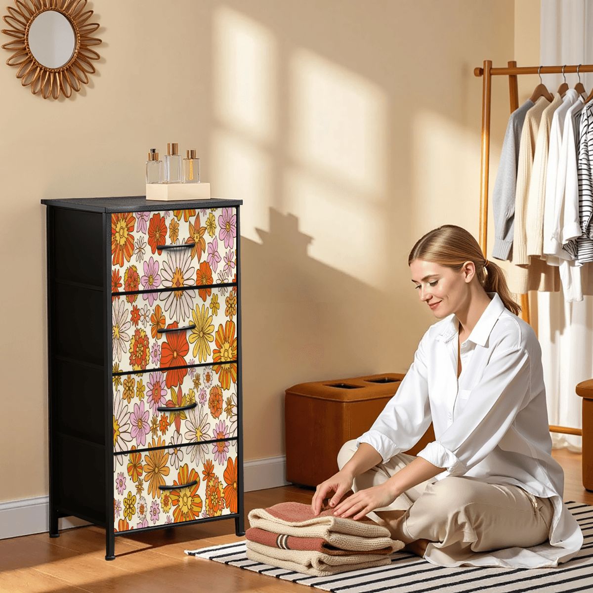 Kate McEnroe New York Retro 70s Flower Power Orange Yellow Floral 4 Drawer DresserDressersPJR5ZCcHUT