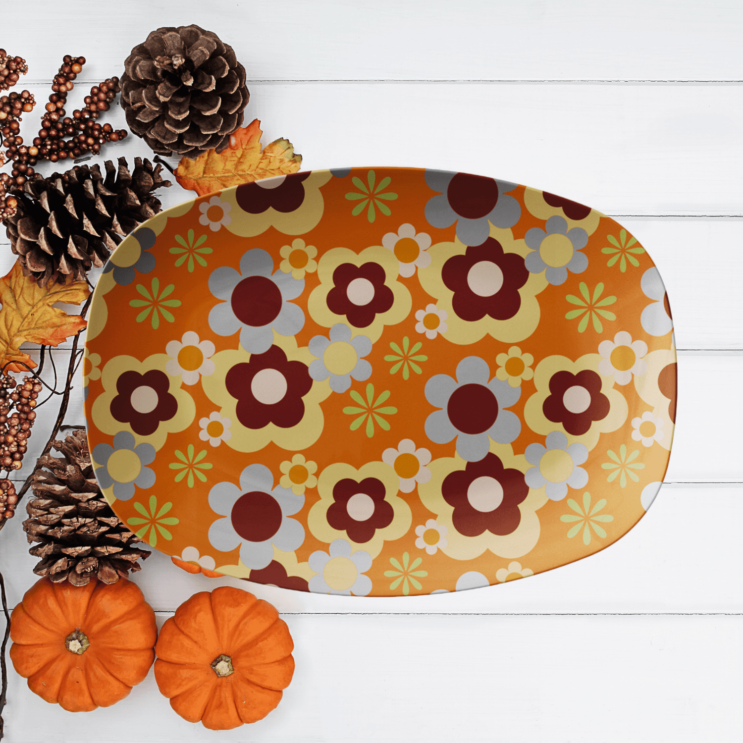 Kate McEnroe New York Retro 70s Flower Power Platter, Mid Century Modern Groovy Orange Brown Serving TrayServing PlattersFLOWER70S