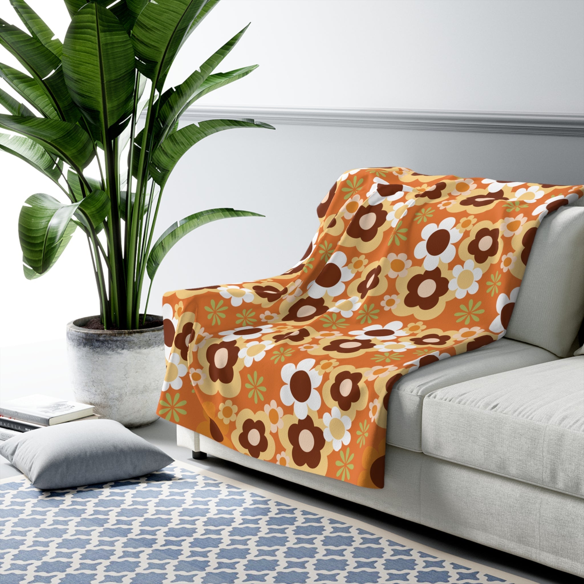 Kate McEnroe New York Retro 70s Flower Power Sherpa Fleece Blanket, Groovy Mid Mod ThrowBlankets32728884028334009057