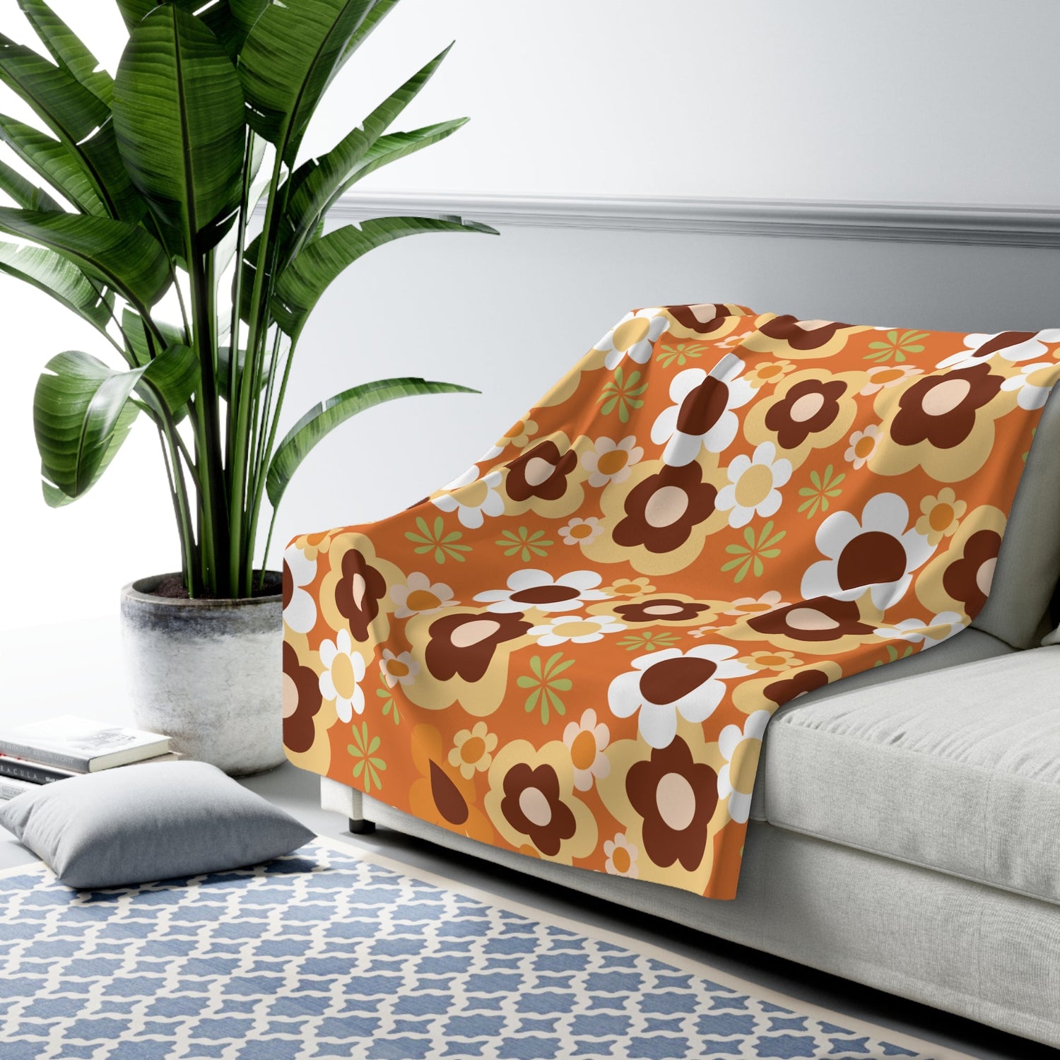 Kate McEnroe New York Retro 70s Flower Power Sherpa Fleece Blanket, Groovy Mid Mod ThrowBlankets53767304570291890486