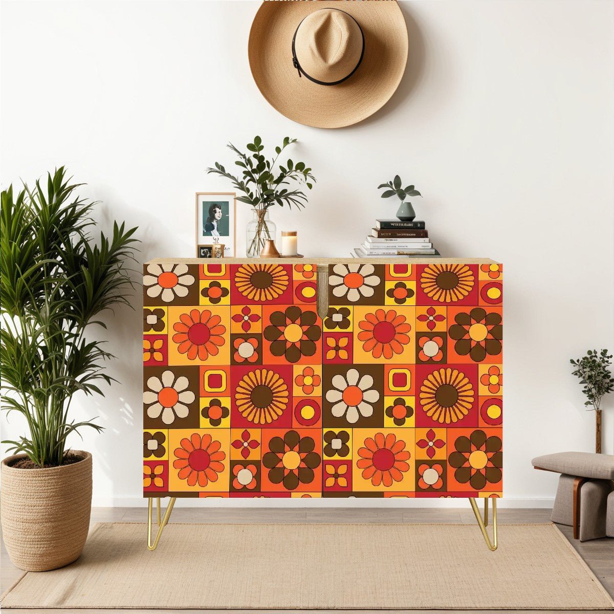 Kate McEnroe New York Retro 70s Flower Power Storage Credenza, Mid Century Modern Mod Floral Cabinet, Groovy MCM OrganizerStorage CabinetsbaJzz4zlRK